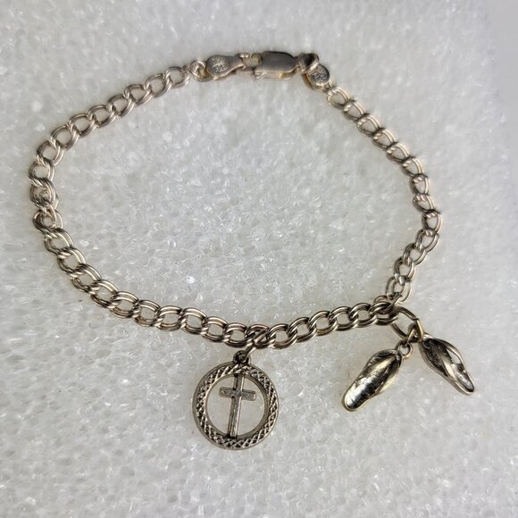 Vintage QGI Italy 925 Sterling Silver Cross Flip Flops Charm Chain Bracelet 7 in - Picture 2 of 10